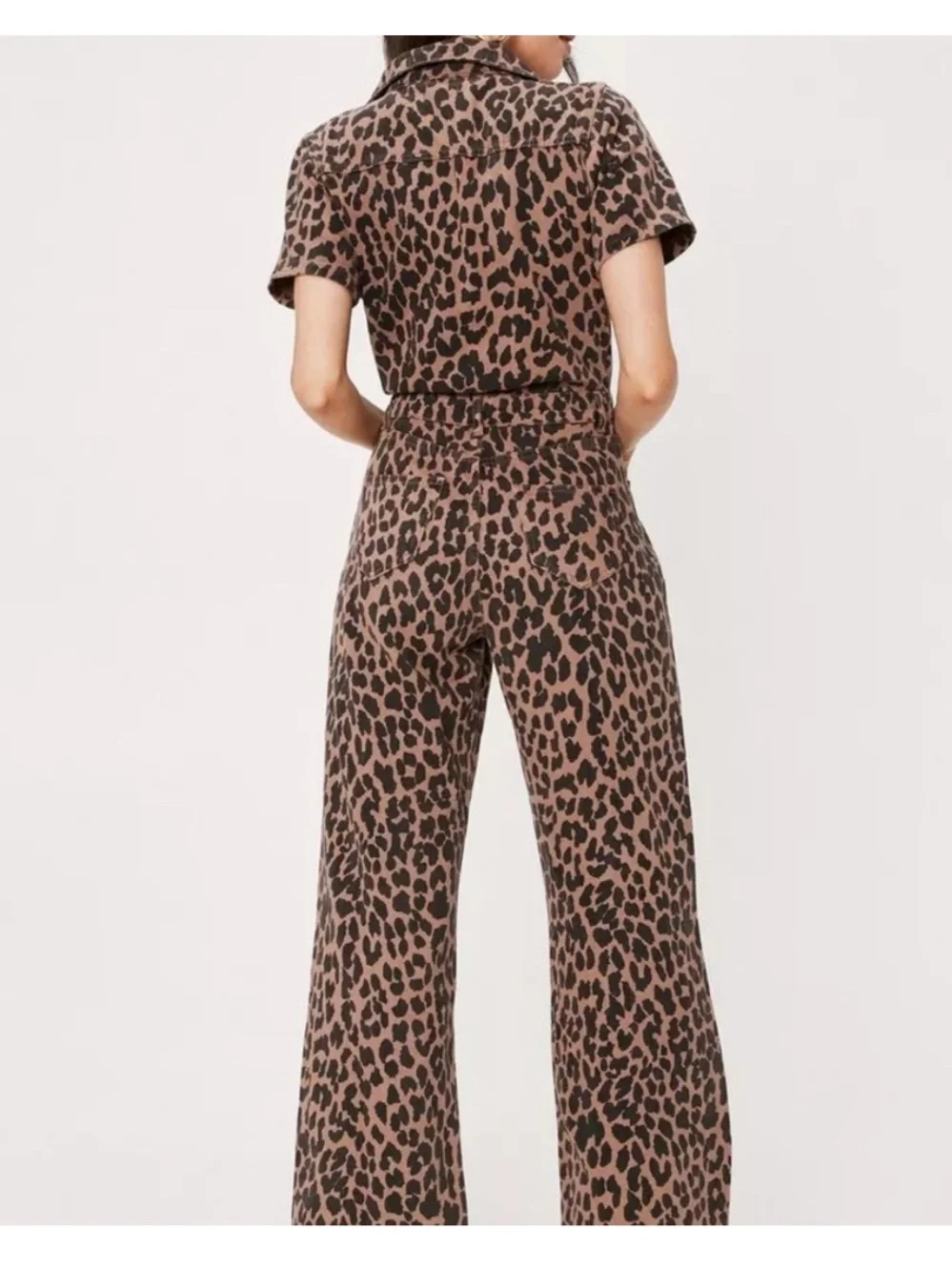 Nasty Gal Brown Leopard-Print Short-Sleeve Wide-Leg Jumpsuit - Picture 2 of 4